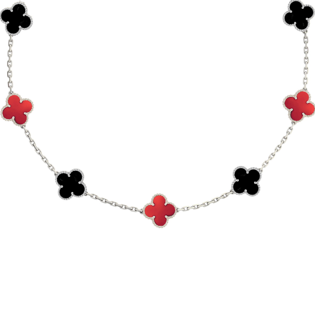 VAN CLEEF VINTAGE ALHAMBRA NECKLACE SMALL 7 PENDANTS - SILVER/BLACK/RED