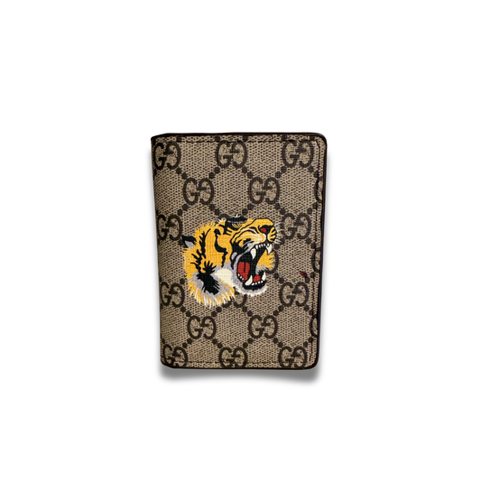 GUCCI TIGER FLIP CARD HOLDER - BROWN