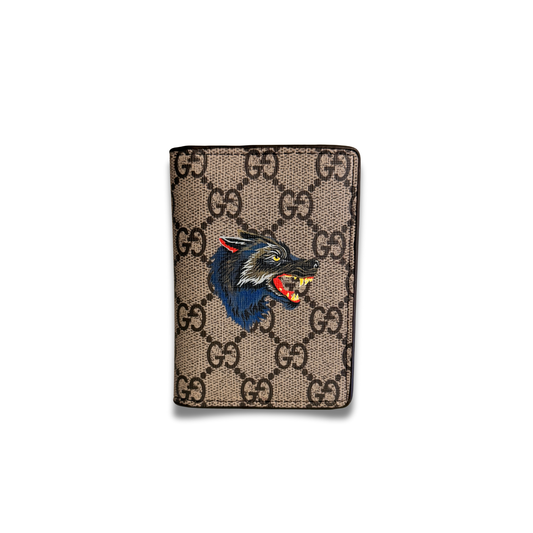 GUCCI WOLF FLIP CARD HOLDER - BROWN