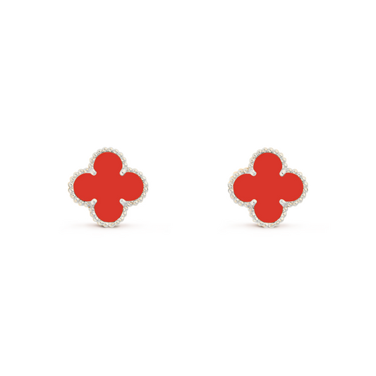 VAN CLEEF VINTAGE ALHAMBRA EAR STUDS - SILVER/RED